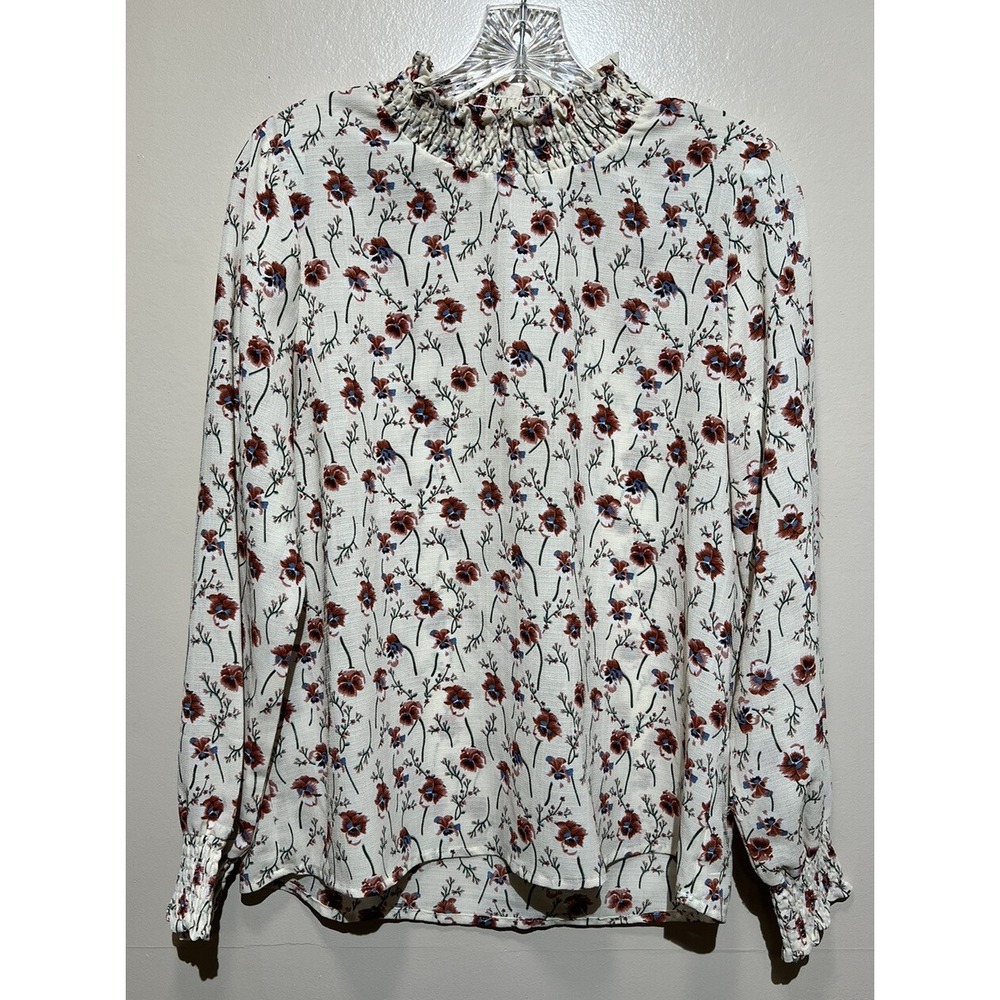 Hayden Large Floral‎ Blouse Ivory High Neck Mock Thin Light Shirt Ruffle